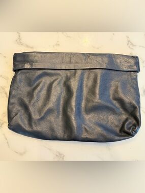 EUC: Vintage Dark Navy/Black Leather Foldover Clutch Handbag Purse